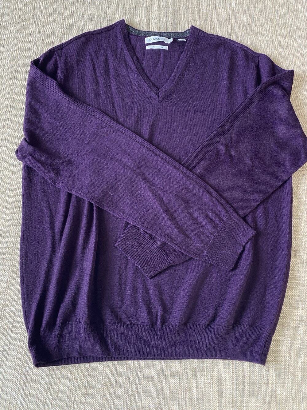 CALVIN KLEIN 100% Merino Wool Purple V Neck Sweater L